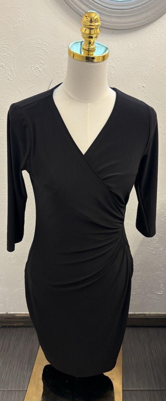 WHBM Black Ruched 3/4 Sleeve Faux Wrap Sheath Dress Size Petite Small Classic